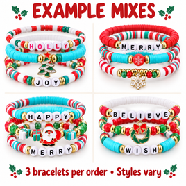 SET OF 3 CHRISTMAS BRACELETS W/ CLAY BEADS AND HOLIDAY CHARM