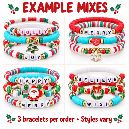 SET OF 3 CHRISTMAS BRACELETS W/ CLAY BEADS AND HOLIDAY CHARM