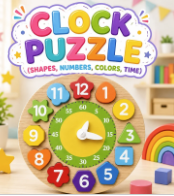 WOODEN CLOCK PUZZLE (SHAPES, COLORS, NUMBERS & TIME)